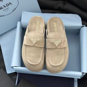 Prada Women's Beige Suede Slip-On Loafers